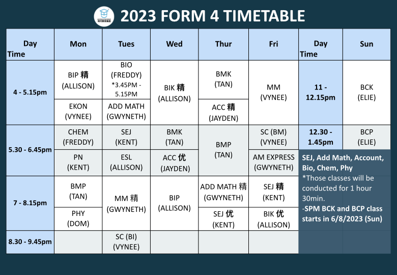 Ace Tuition Centre Subang Jaya Timetable